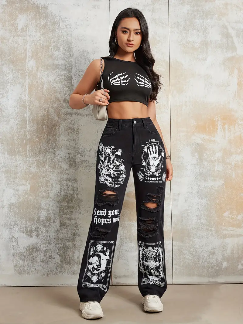 2025 nouveau Style femmes jean femmes printemps et automne nouvelle vente chaude rue INS même Style imprimé déchiré jean droit