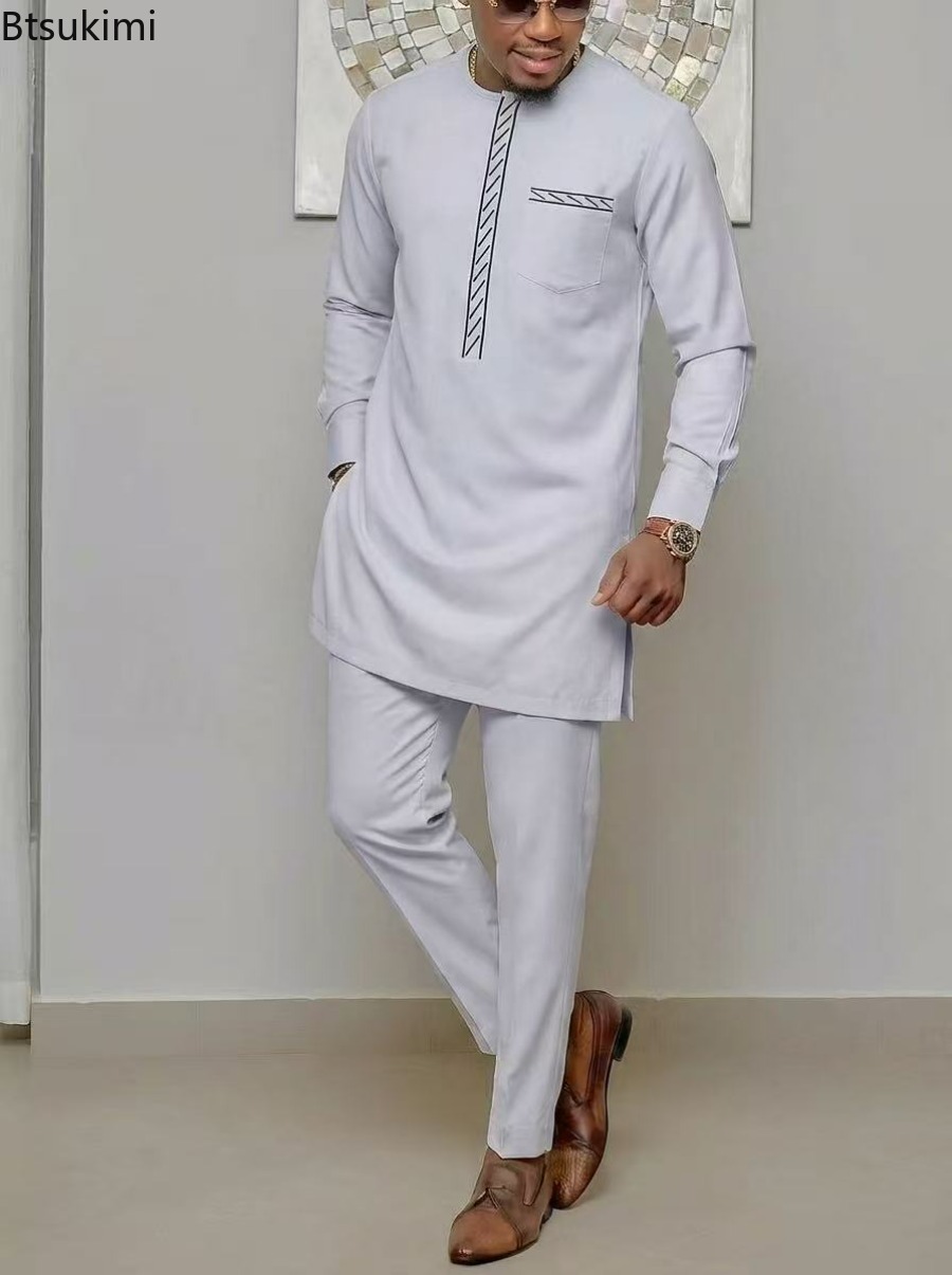 Ensemble deux pièces Kaftan pour homme, tenues de mariage Kaunda, vêtements ethniques africains traditionnels décontractés, vêtements musulmans, haut et pantalon pour homme, nouveauté