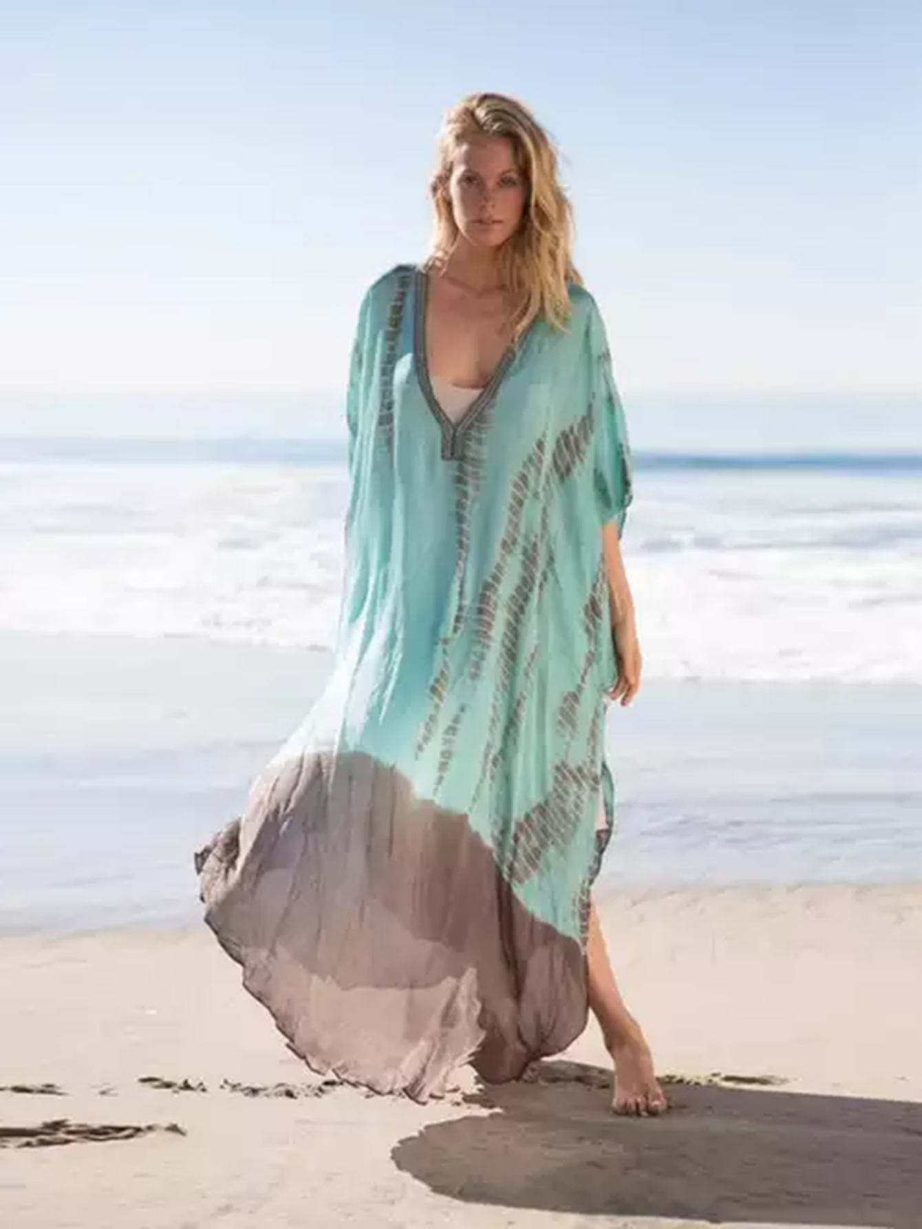 MAKABO Robes caftan pour femme, col en V Moo Moos imprimé coloré Cover Ups Caftan Robes de plage pour maillots de bain