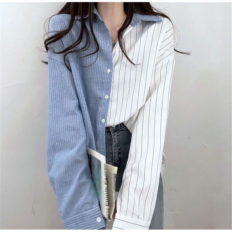 Chemisiers de tempérament rayés pour femmes, col rabattu, streetwear décontracté, vêtements de printemps et d'été, Asells, mode