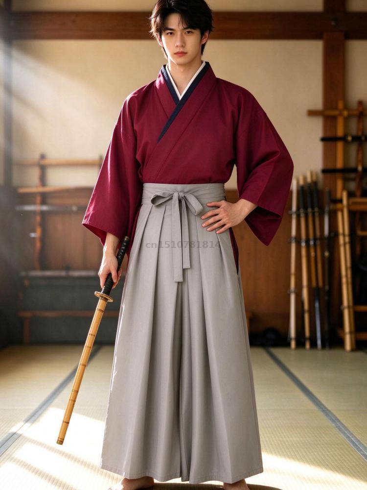 Ensemble kimono japonais pour homme, hakama, samouraï, kendo, col croisé, manches larges, bleu marine, rouge vin, gris, cosplay traditionnel, Halloween, coton