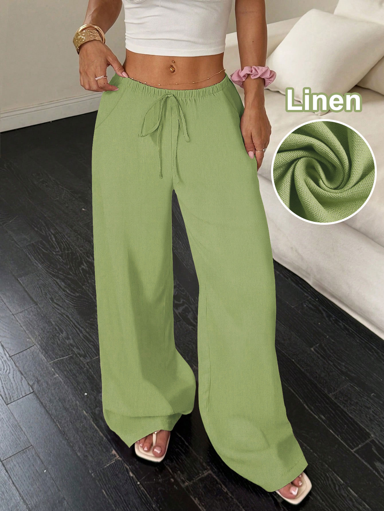 Pantalon large en lin pour femme, pantalon long décontracté taille mi-haute, mode estivale confortable, vêtement féminin une pièce