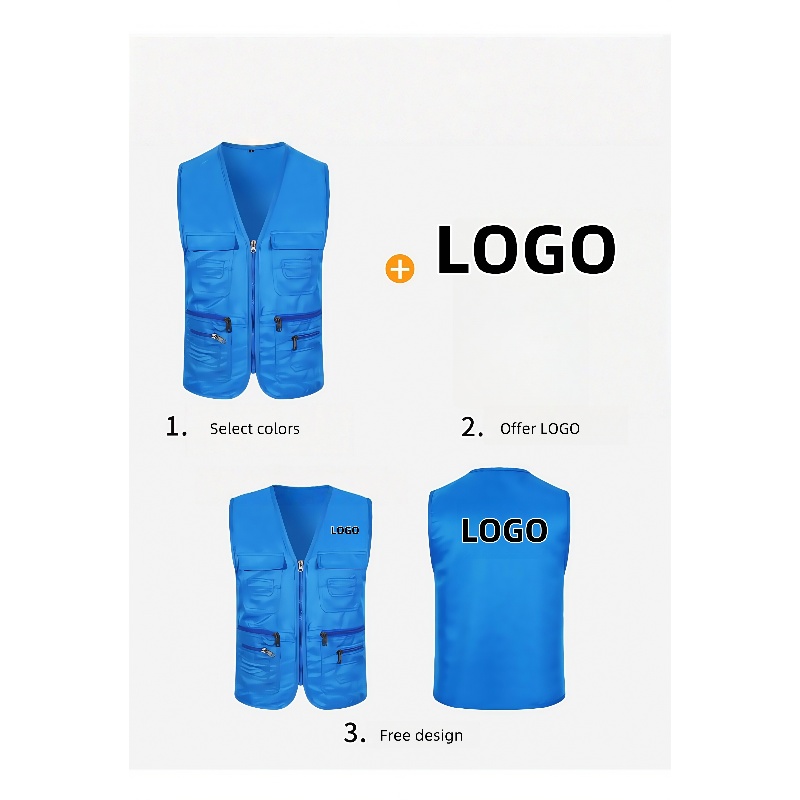 Vêtements de travail gilet multi-poches couleur unie décontracté sans manches fermeture éclair vêtements de travail col en V gilet de volontaire pour la pêche