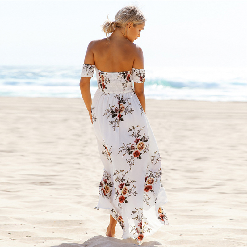 Boho style robe longue femmes épaules dénudées plage robes d'été imprimé fleuri Vintage en mousseline de soie blanc robe maxi vestidos de festa
