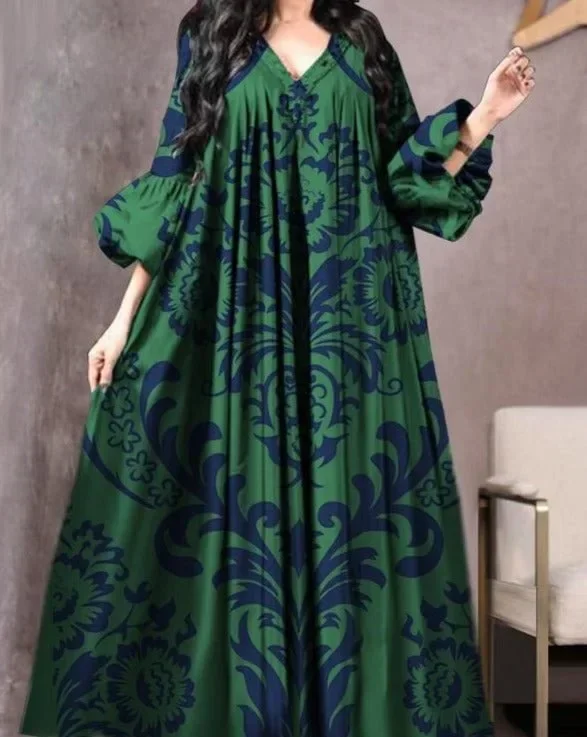 Abayas musulmanes à col en V pour femmes, robe longue imprimée vintage, robe du moyen-orient respirante, manches longues décontractées