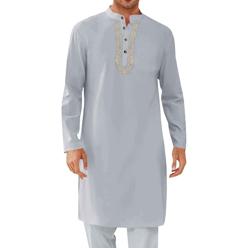 Eid Mubarak - Kaftan pour hommes musulmans - Chemise longue - Broderie dorée de luxe - Col Henry - Manches longues - Robe traditionnelle du Moyen-Orient - Abaya décontractée