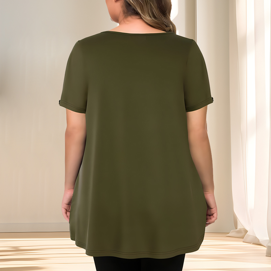 [Chemisier élégant grande taille] chemisier décontracté à manches courtes et col rond pour femme en polyester léger, grande taille |   Couleur unie, subtil S