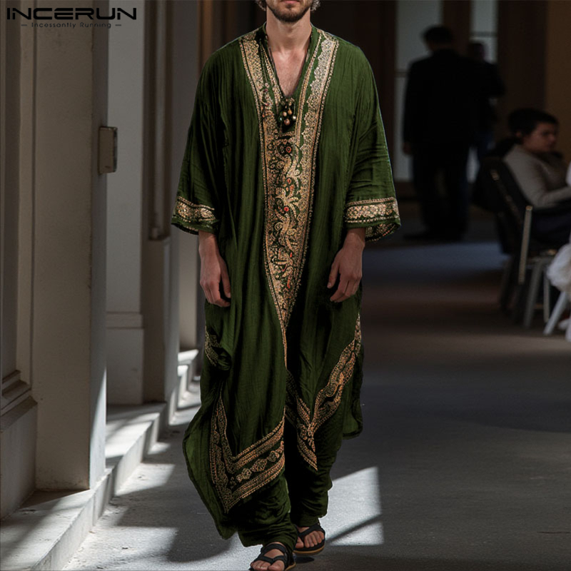 Jubba Thobe pour Hommes, Imprimé Patchwork, Col en V, Manches Longues, Robes Musulmanes, Kaftan Ample, 2026, Caftan Arabe Casual pour Hommes, Abaya INCERUN