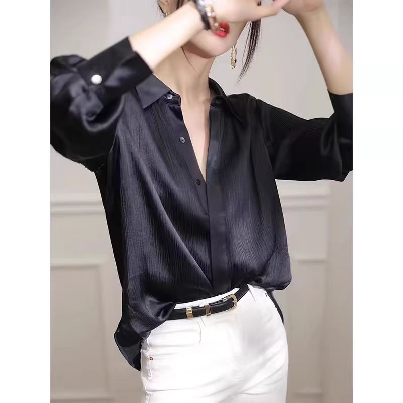 Chemises pour femmes printemps nouveau noir Satin Texture ample à manches longues Blouse élégante bureau dame vêtements de travail mode femme vêtements