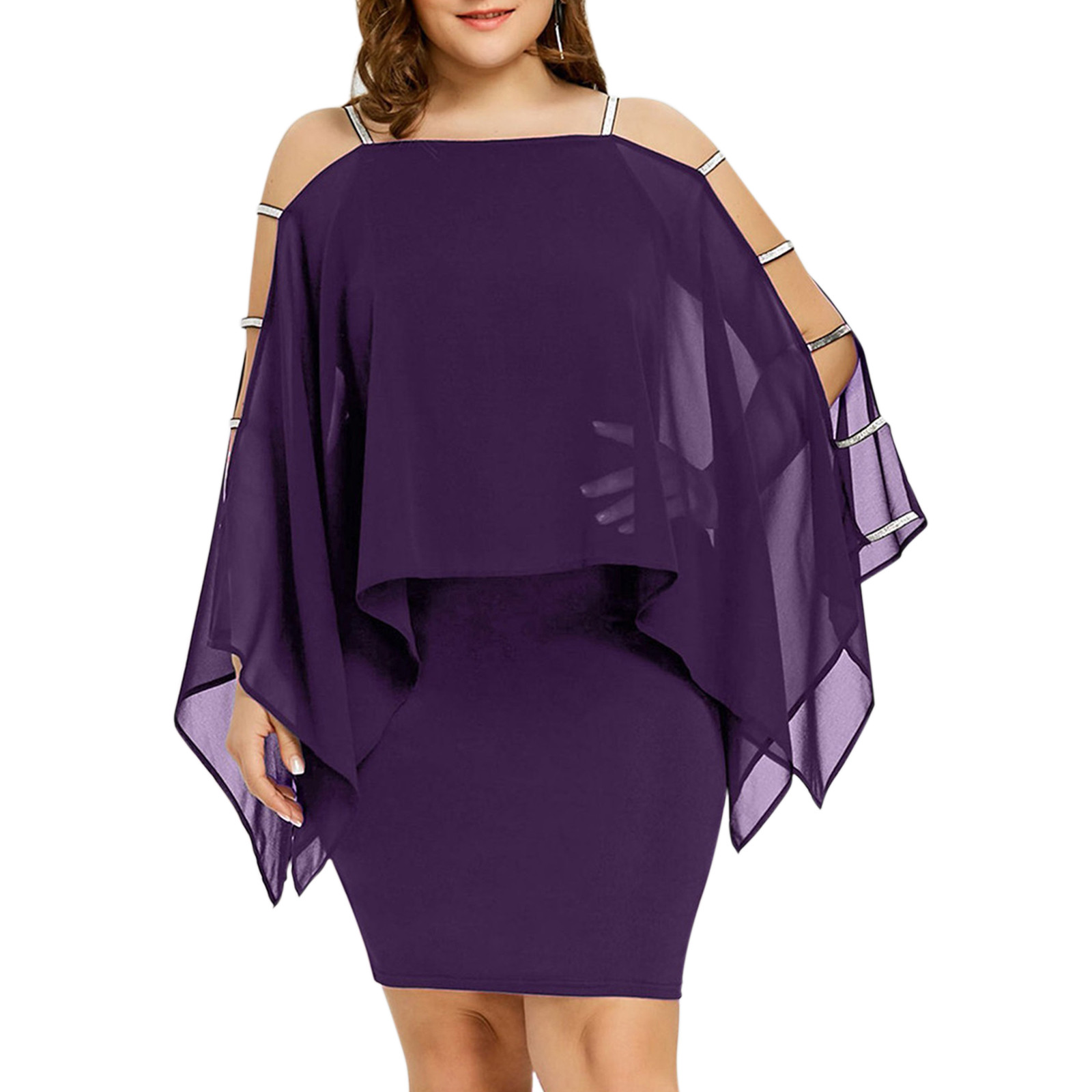 Robe de soirée en mousseline de soie, grande taille, Sexy, épaules dénudées, ajourée, élégante, manches Cape, moulante
