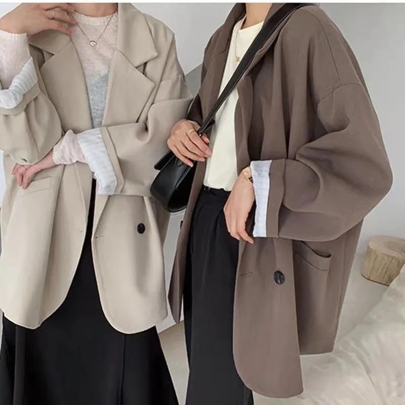 Blazer marron Vintage pour femmes, élégant, officiel, mode printemps-automne, manches longues, surdimensionné, Chic, veste de costume décontractée