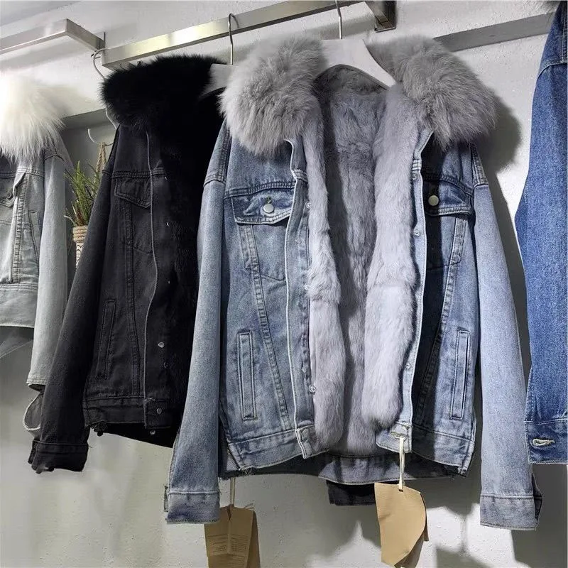 Manteau d'hiver chaud pour femme, style veste en jean, avec grand col en fourrure, doudoune épaisse en polaire, veste de moto basique pour le froid