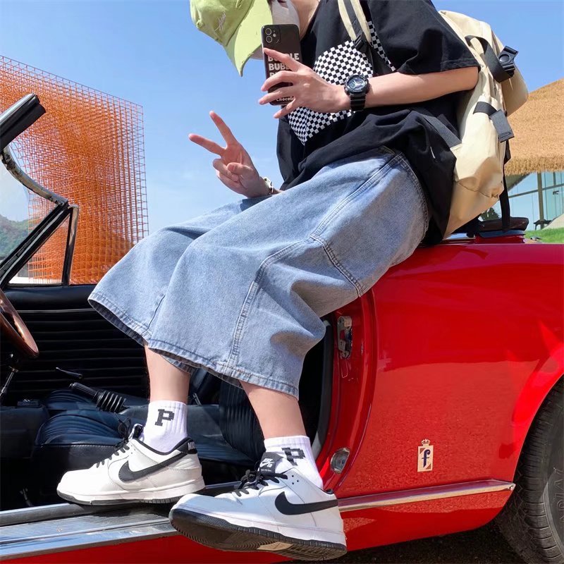 Pantalons en jean pour hommes, shorts d'été, jeans à grandes poches, pantalons capri, streetwear hip-hop, shorts en jean amples, pantalons capri décontractés à jambes larges.