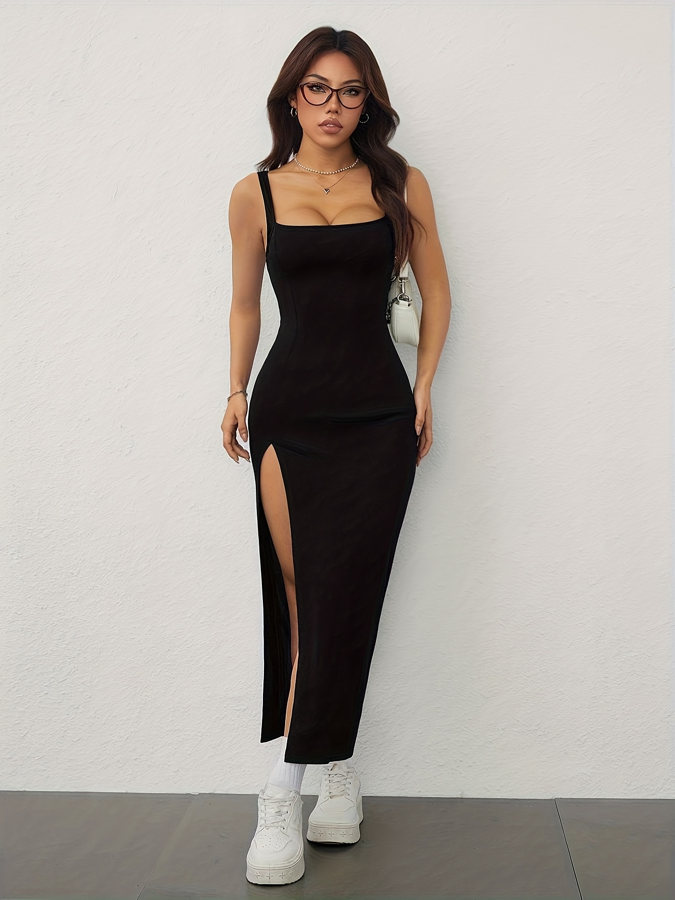 Robe sexy et élégante pour femme, col carré, épaules dénudées, dos nu, fente latérale, bretelles, collection Printemps/Été
