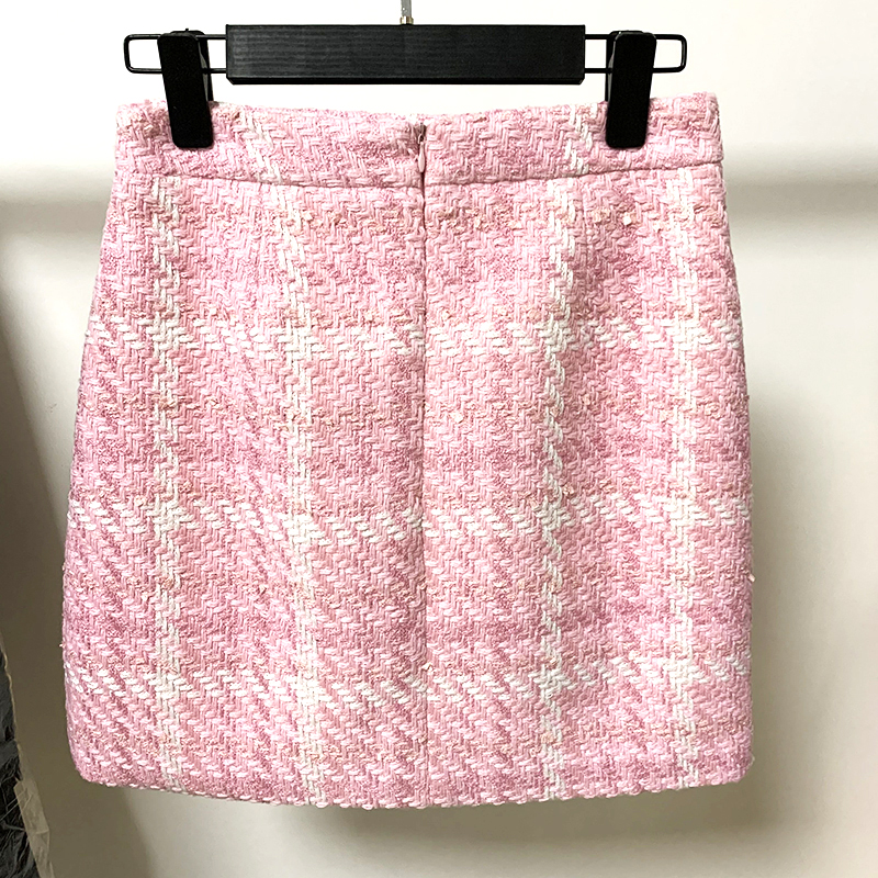 HIGH STREET Nouvelle Collection 2026 Jupe Rose de Créateur pour Femme, en Mélange de Laine Douce, à Carreaux Tissés et Tweed