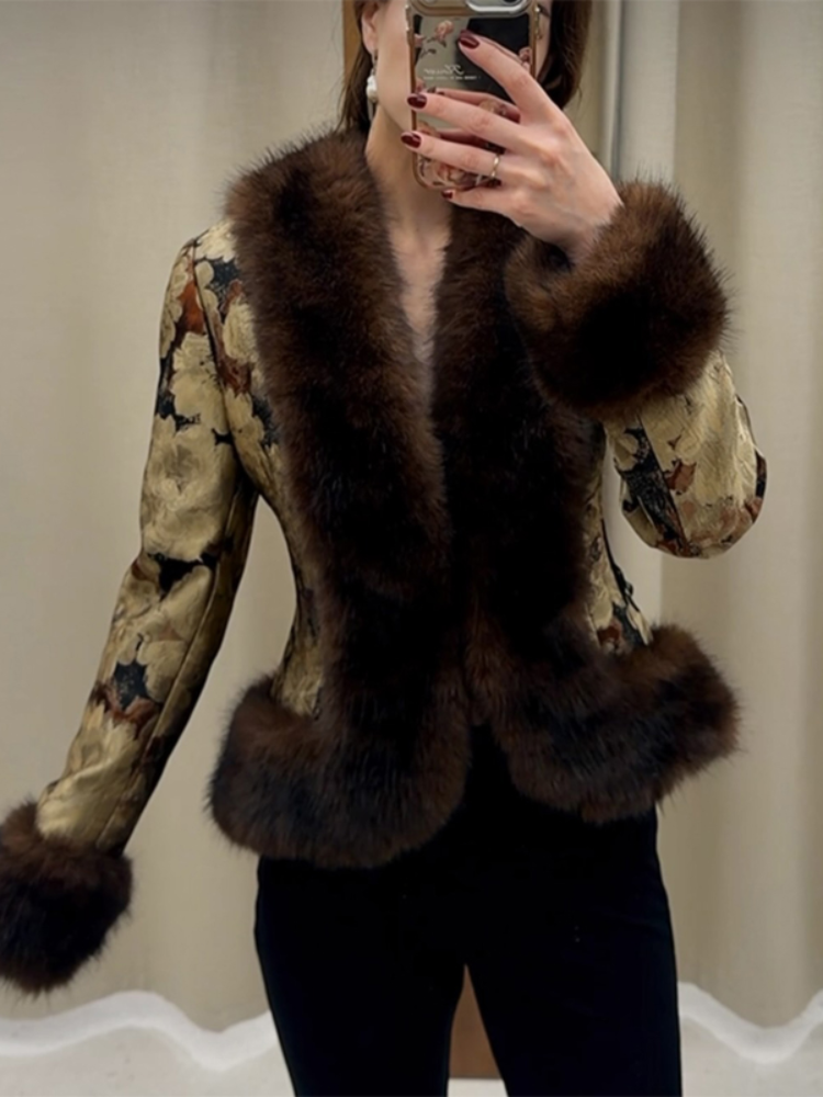 Veste Courte Femme Vintage à Motifs Floraux Jacquard, Col en V, Manches Longues, Bordure en Fausse Fourrure, Collection Automne Hiver 2026, Tenue Quotidienne pour Femme