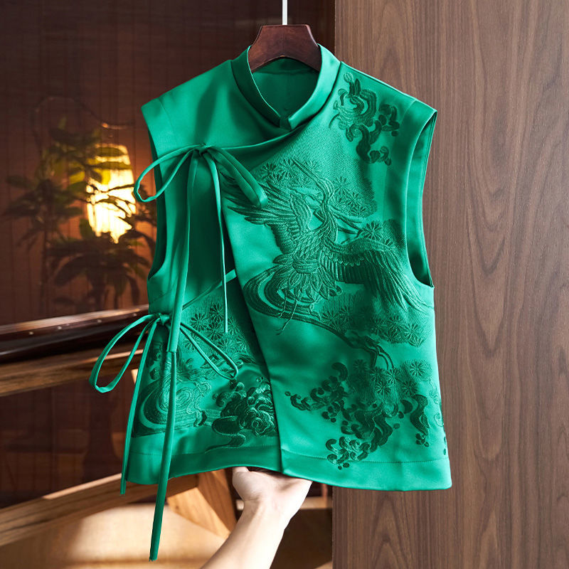 Gilet d'extérieur Vintage de Style chinois, grue blanche/fleurs, gilets à laçage brodés, vêtements élégants pour femmes, printemps et été