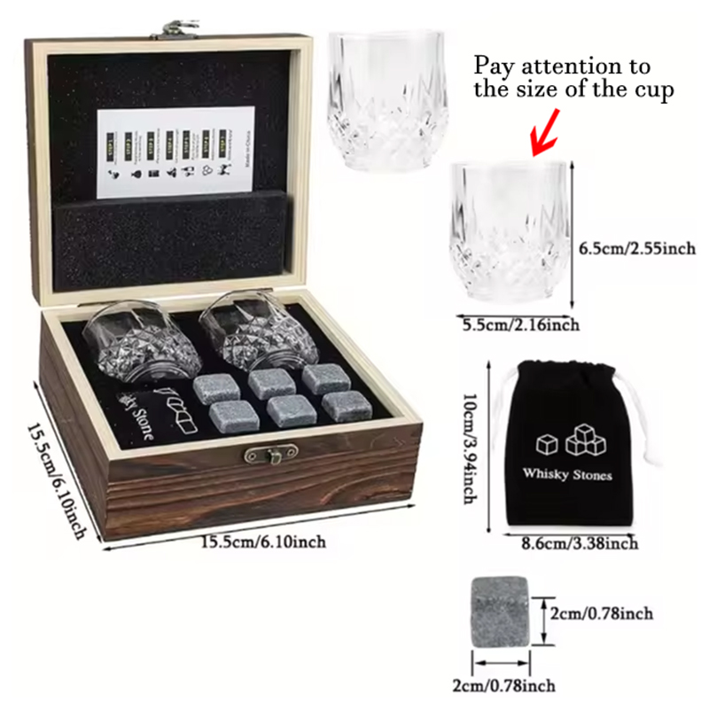 Ensemble de verres à pierres à whisky, cadeau de noël, saint-valentin, glaçon en granit pour whisky dans une boîte de bouteille en bois, cadeau pour papa et mari