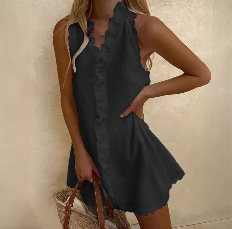 Nouvelles femmes décontracté coton et lin Robe blanche été col en V volants sans manches élégant Boho plage fête Mini robes femme Robe