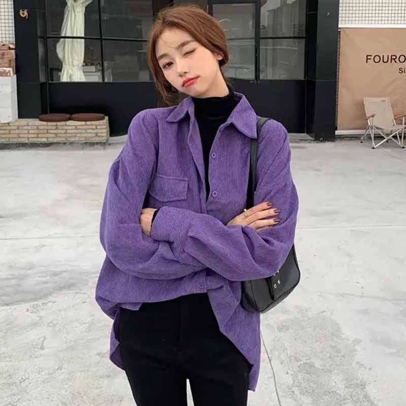Cardigan en velours côtelé violet paresseux pour femmes, coupe couvertes mi-longue, version coréenne, manteau de chemises, chemisier femme, automne, hiver, nouveau