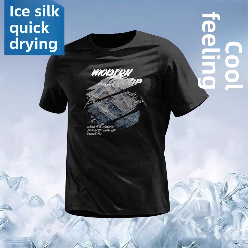 T-shirt décontracté pour homme en soie glacée à manches courtes, coupe ample, respirant, séchage rapide, protection UV, en fibre de polyester, idéal pour l'été