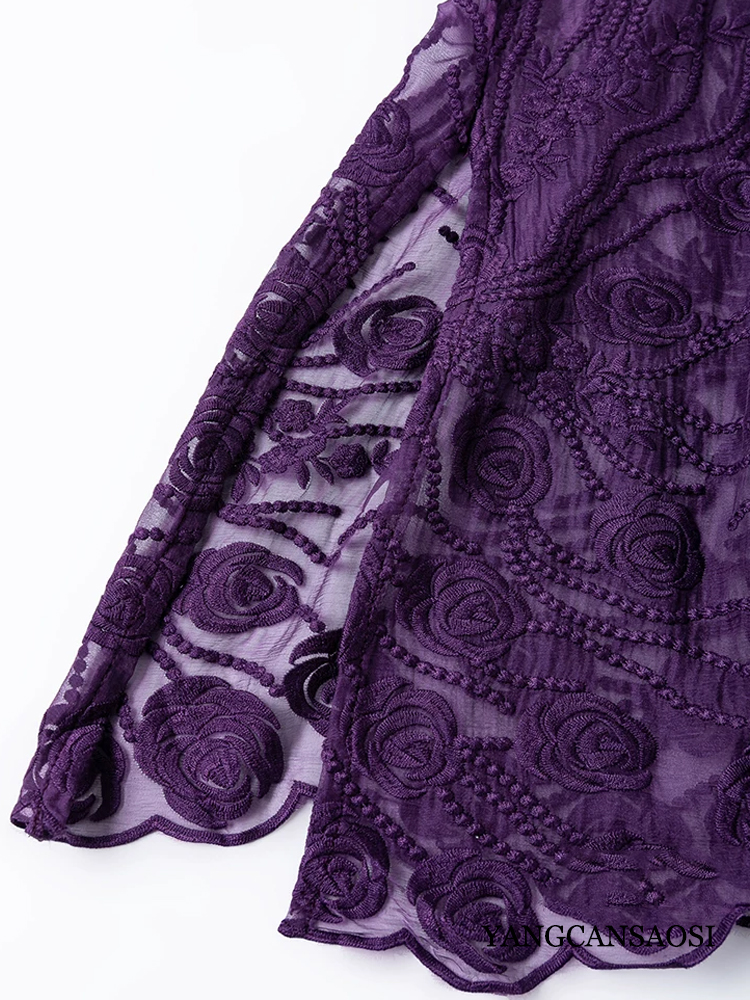 Robe de soirée décontractée pour femme, nouvelle collection été, élégante, en soie de mûrier naturelle, broderie riche, col rond, longue, violette