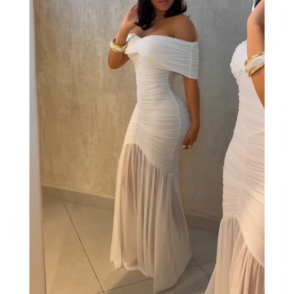 Robe de soirée sirène ajustée à épaules dénudées et taille froncée pour femme, collection 2026, idéale pour les fêtes et mariages
