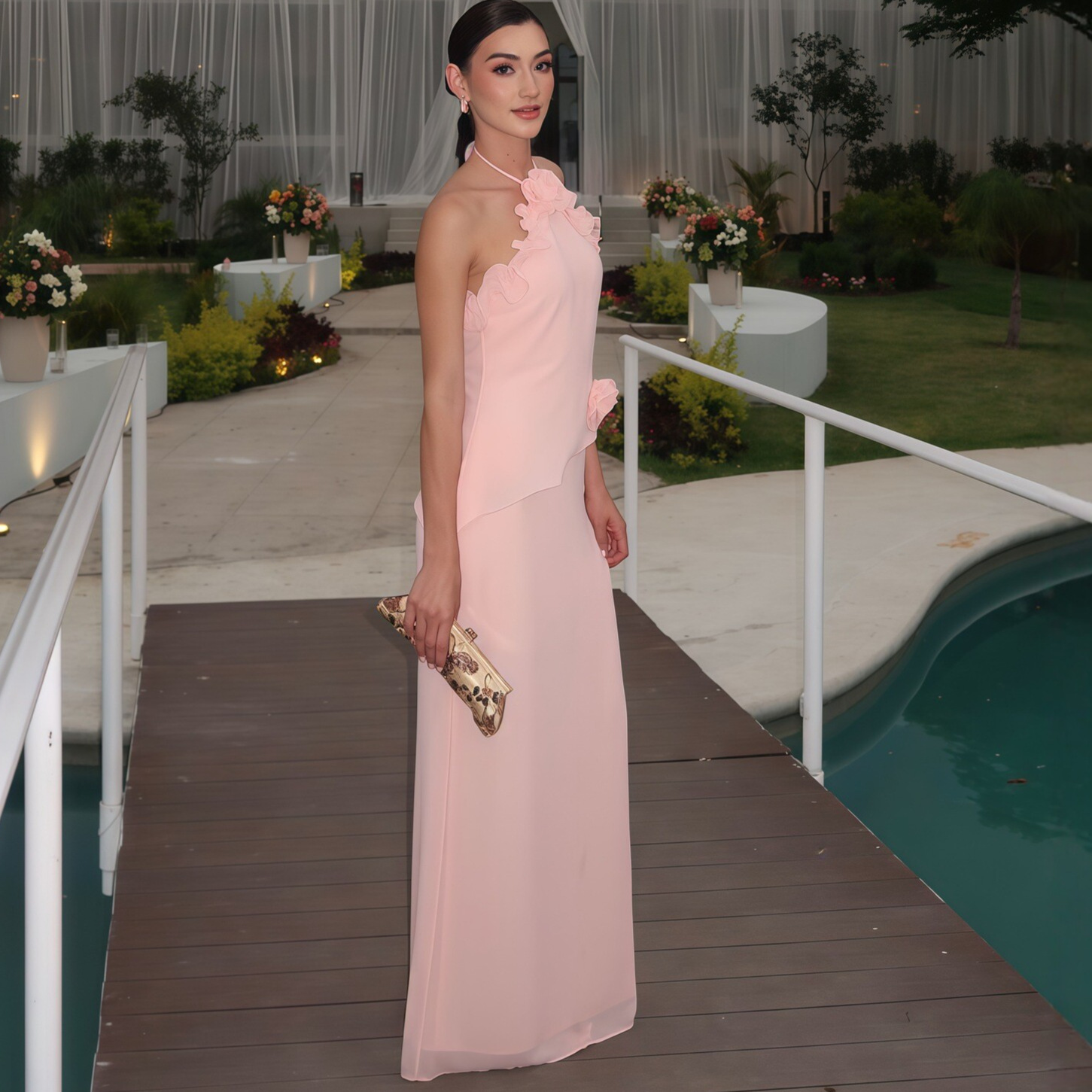 Robe longue florale élégante pour femme, robe maxi rose à volants et dos nu, robe de soirée, invitée de mariage, robe de bal 2026, robe de demoiselle d'honneur, nouvelle collection