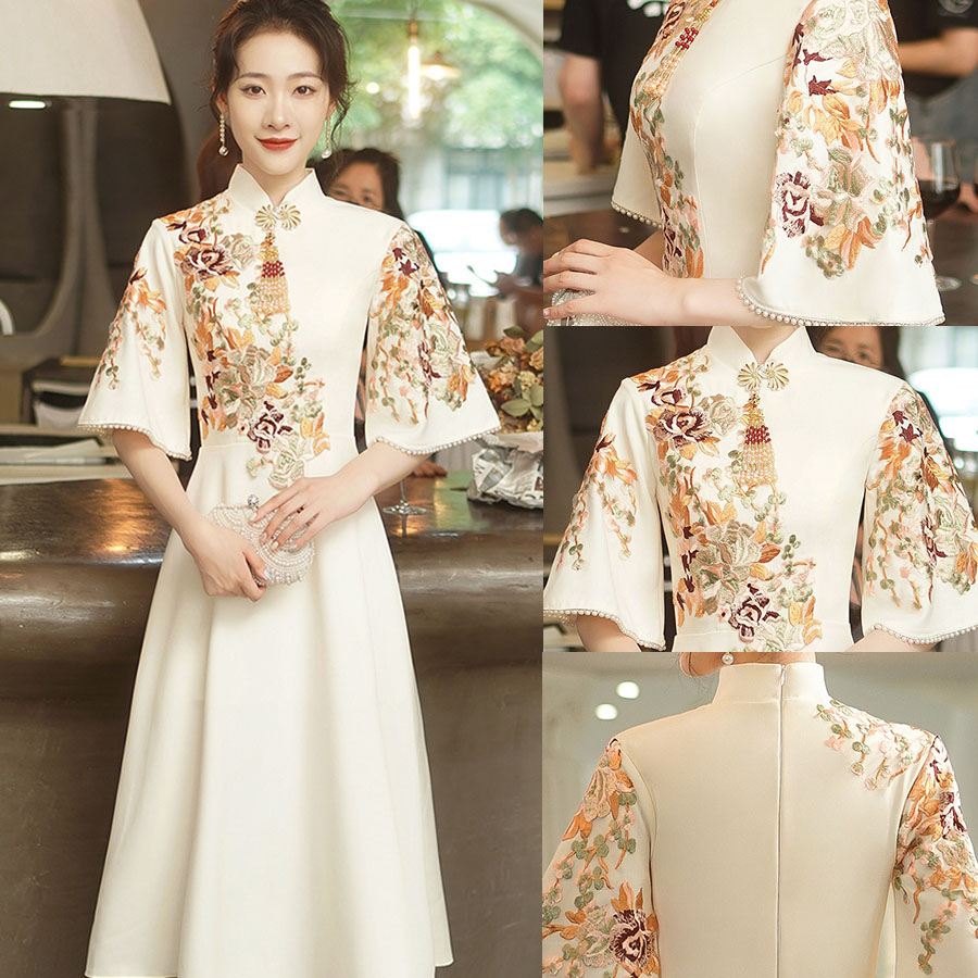 Qipao-Robe de mariée de style chinois avec broderie de fleurs, Cheongsam, robe de soirée, robe de banquet vintage, élégante et exquise