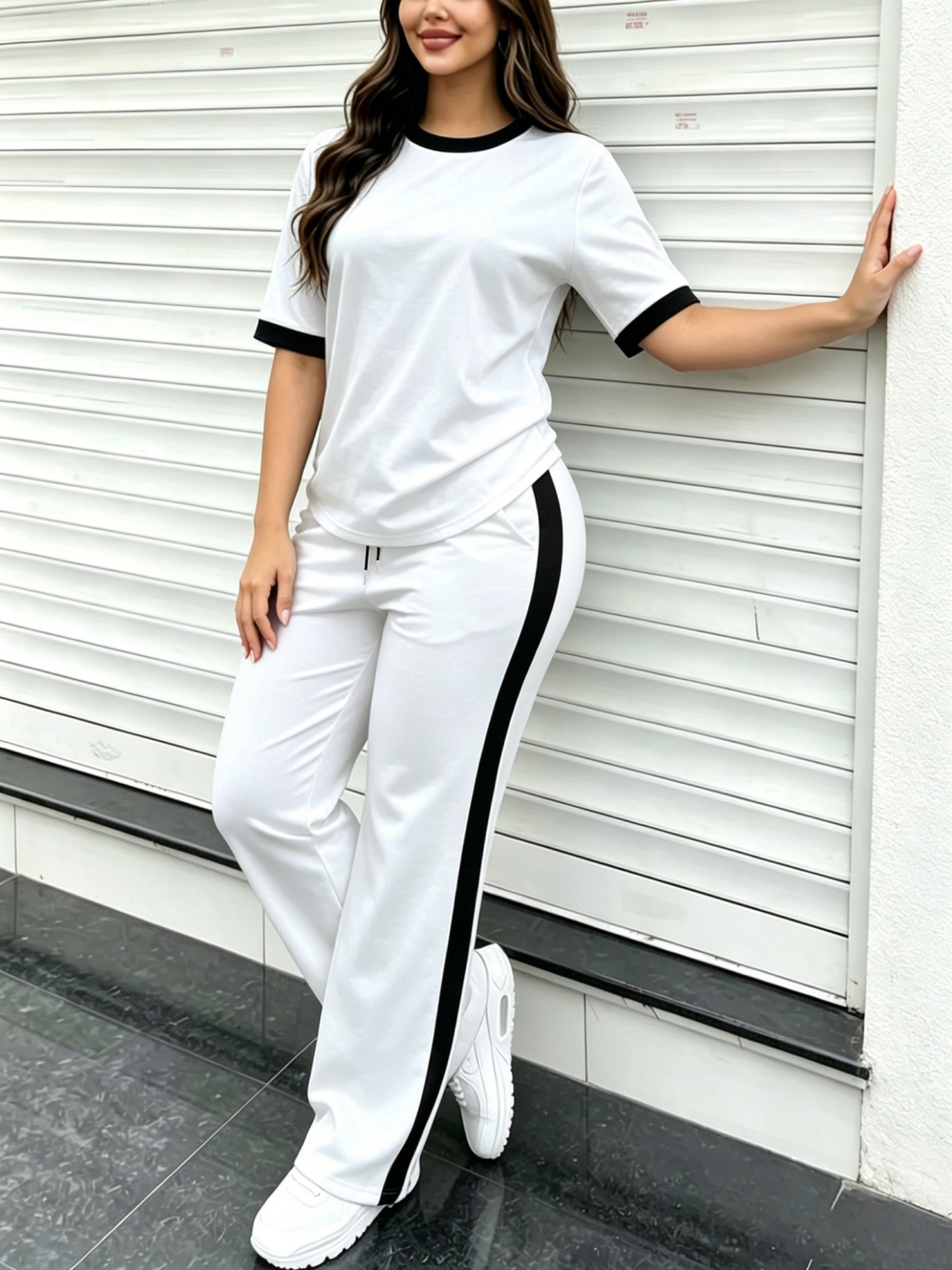 Tenue décontractée polyvalente pour tous les jours, ensemble deux pièces pour femmes de couleur unie, costume pour femmes ample et flatteur, ensemble de jogging à manches courtes et pantalon long, jeune et rajeunissant