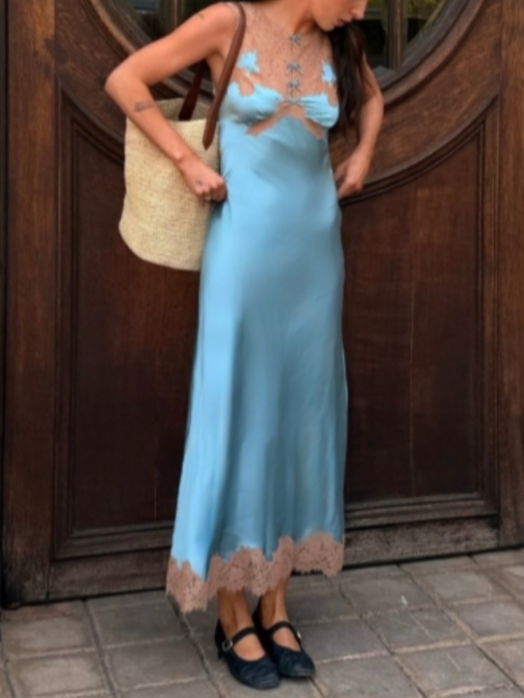 Robe longue chic en satin et dentelle patchwork pour femme, élégante, sans manches, dos nu, ajourée, coupe ajustée, Vestidos 2026, tenue de soirée estivale pour femme