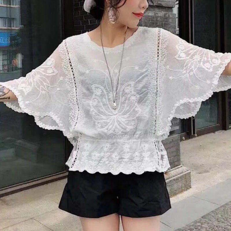 Chemisiers en dentelle à manches chauve-souris pour femmes, broderie de fleurs, évider, chemises décontractées, mode élégante, vêtements d'automne en Y, 2024