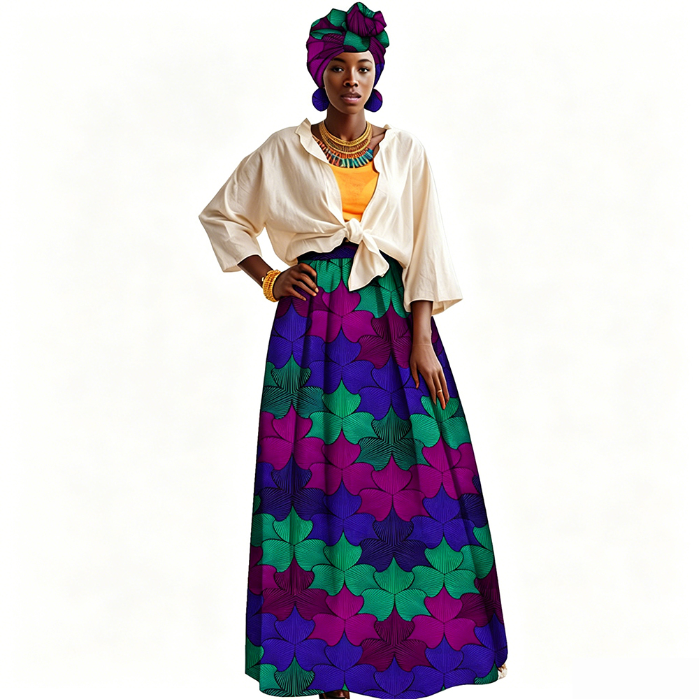 Costumes africains pour femmes, jupe longue à taille haute à imprimé géométrique ethnique bohème, avec foulard et boucles d'oreilles, jupe décontractée tribale