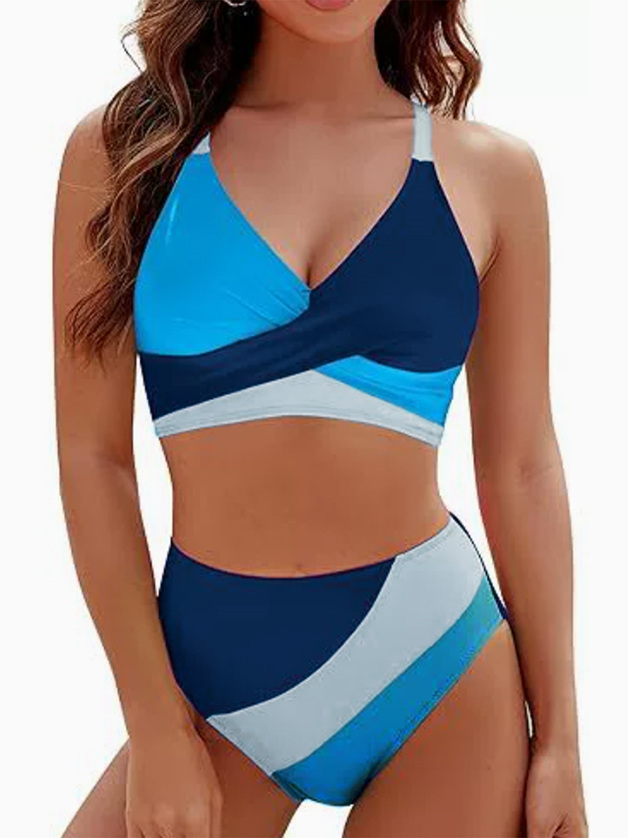 Femmes 2 pièces ensemble de Bikini Patchwork col en v hauts sans manche bas string plage maillot de bain pour les femmes