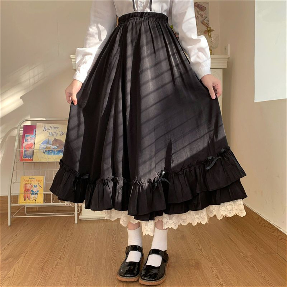 Style coréen noir blanc demi-jupe femme jupes longues japonais couleur unie Double couche Vintage français à volants a-ligne jupe
