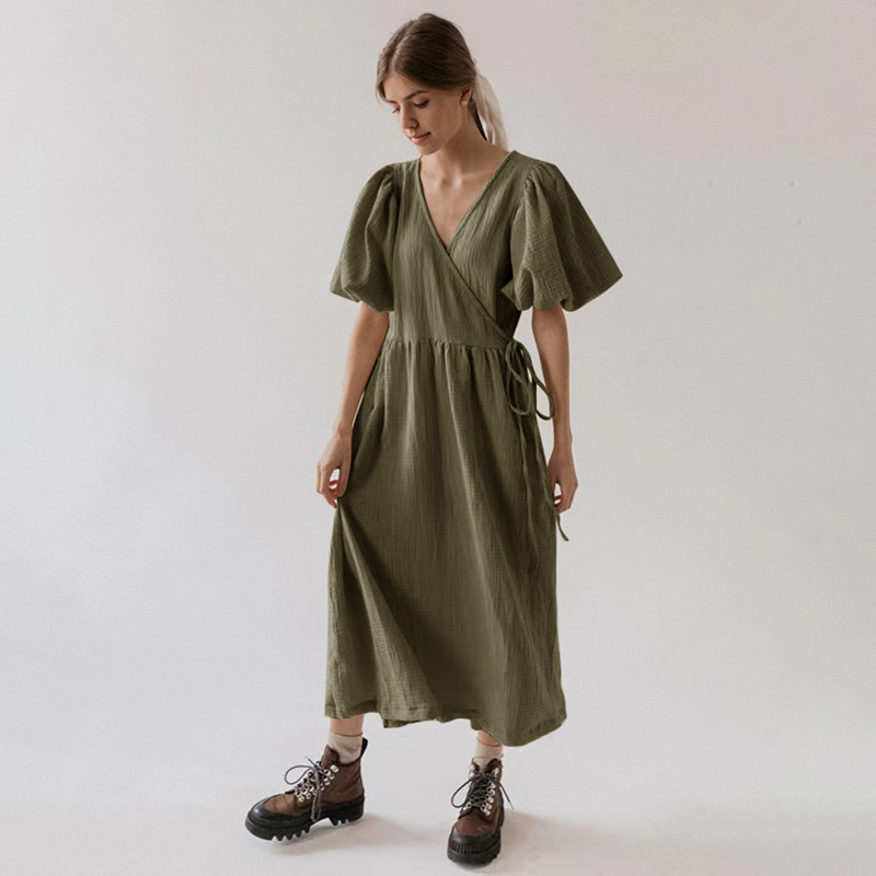 Robe longue vintage 100 % coton à manches bouffantes pour femme, en mousseline de crêpe gaze, col en V, avec bandage et dentelle, élégante, pour fête d'anniversaire