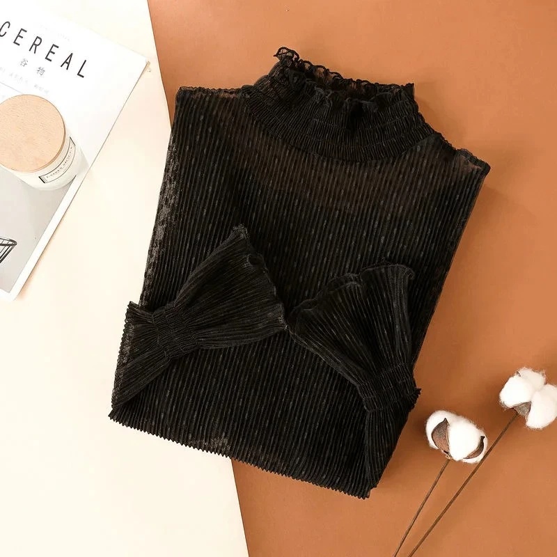 T-shirt noir en dentelle à manches évasées et coupe ajustée pour femme, à manches longues et col rond, haut de base tendance, style kimono, pour femme.