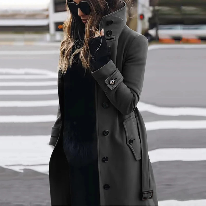 Automne hiver manteaux de laine femmes coupe ajustée grand manteau simple boutonnage col montant Trench pardessus JYFS-2002