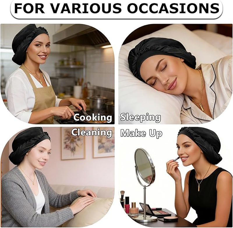 Bonnet de nuit en satin pour femme, avec longue queue pour tresses, bonnet de douche et de sauna