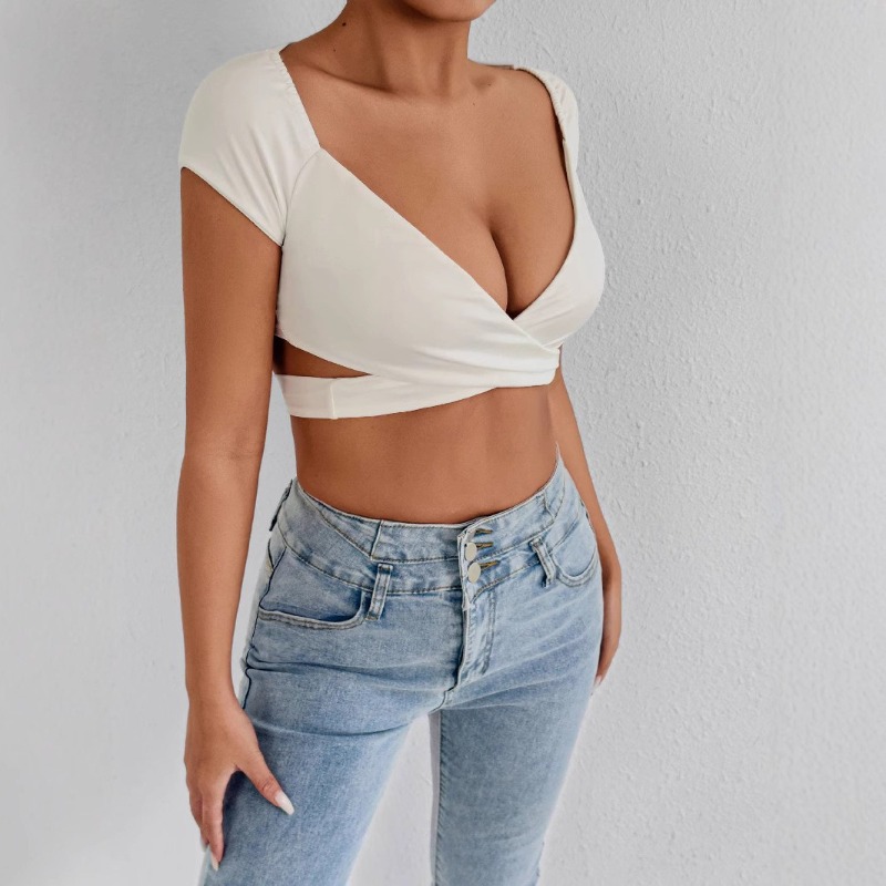 T-Shirt d'été Sexy pour femmes, col en V, taille haute, Push-Up, haut court, mélange extensible, tenue de Club quotidienne, plage, élégant, coupe courbe