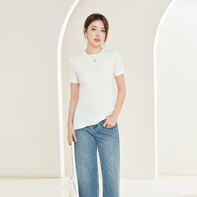 T-Shirt à manches courtes en soie de mûrier, haut de gamme, col rond, respirant et fin, couleur unie, vêtements féminins doux, printemps été