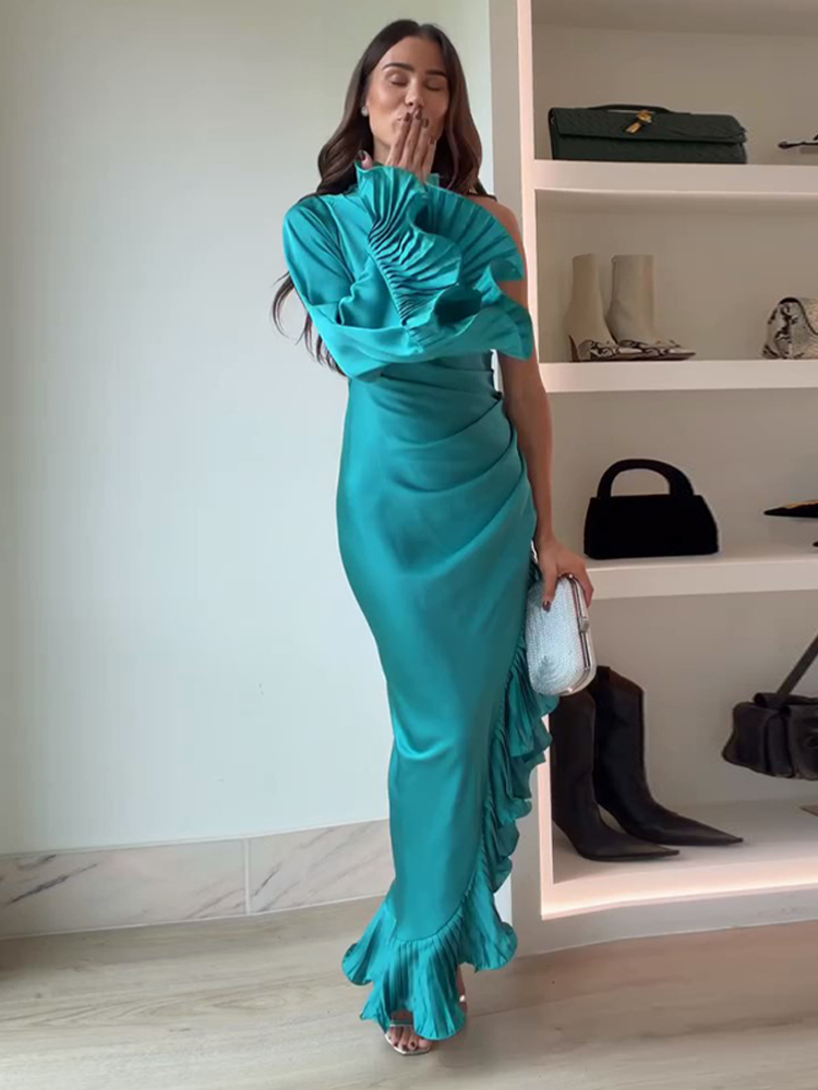Robe longue en satin pour femme, asymétrique, chic, à volants, bleue, amincissante, élégante, pour soirée, printemps-été 2026