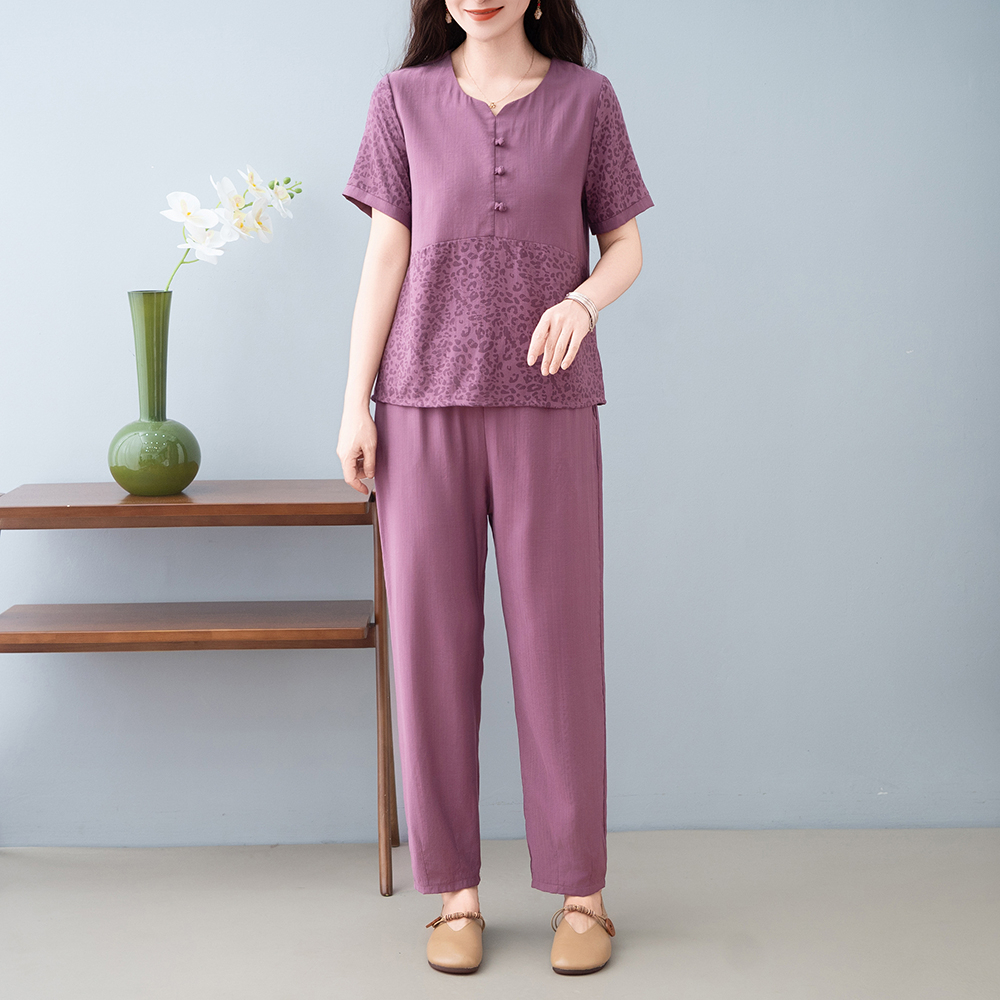 Ensemble chemise et pantalon à manches courtes pour femmes d'âge moyen et âgées, coupe ample, tenue pour mère, haut d'été