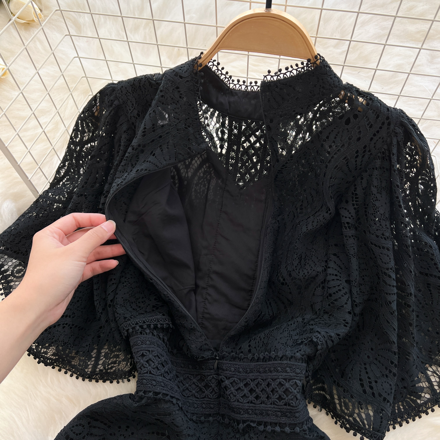 Femmes Vintage Robe noire été creux broderie taille haute dentelle robes de soirée dames solide casual élégant longue Robe