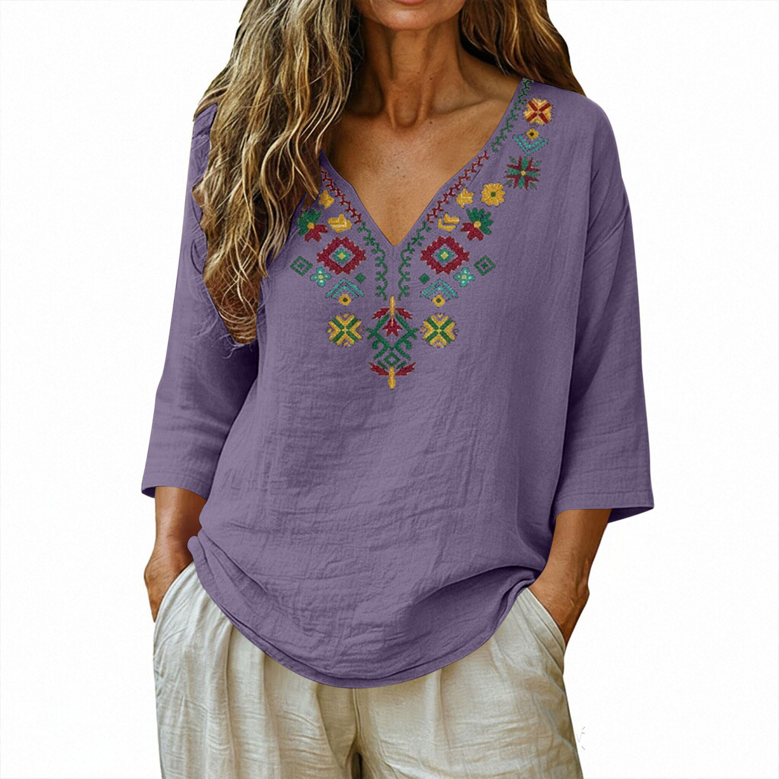 Chemisier Bohème Brodé Col V pour Femme, Manches 3/4 Unies en Coton et Lin, Haut Décontracté, Broderie Florale Ethnique, Tunique Ample d'Été