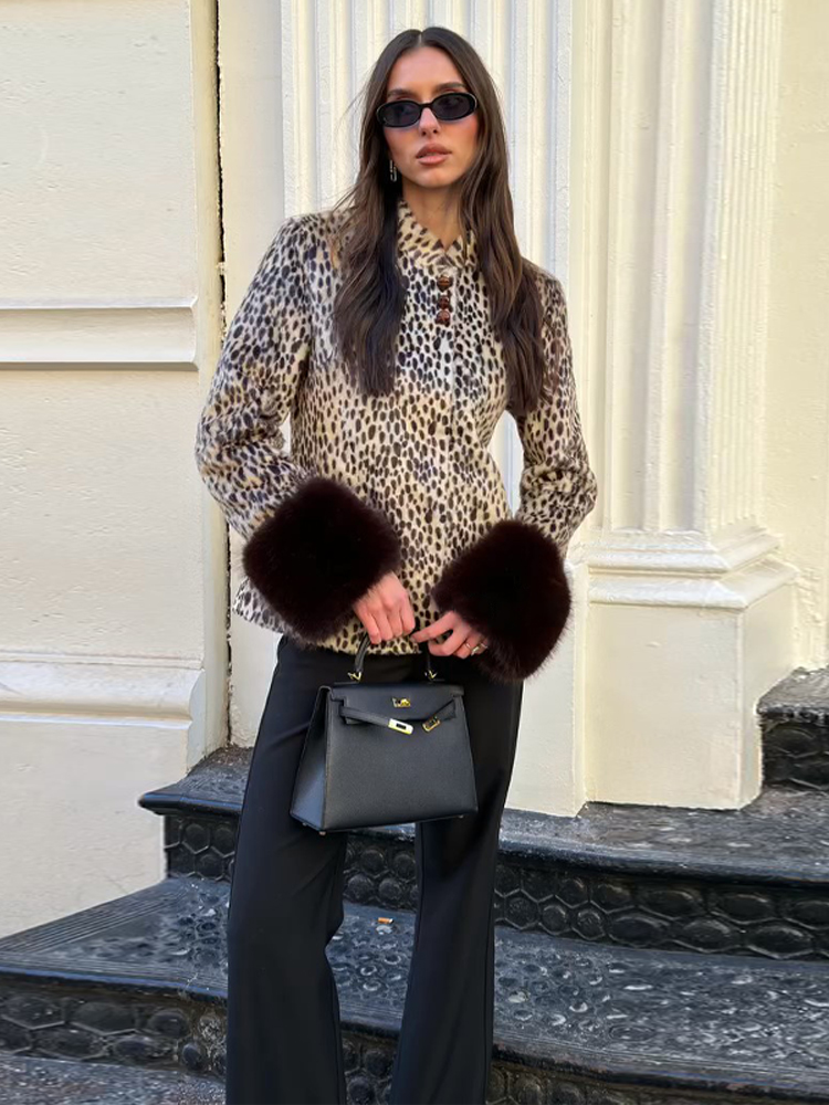 Manteaux en fausse fourrure patchwork léopard pour femmes, col rond, manches longues, simple boutonnage, veste slim chic, nouveaux vêtements d'extérieur pour femmes