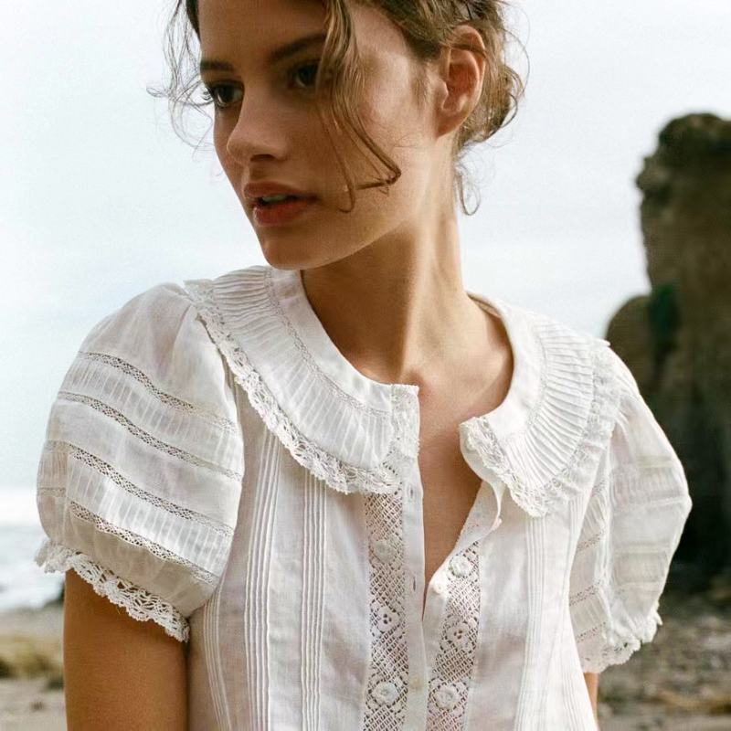 Chemisier Blanc en Dentelle 100% Coton pour Femme, Style Français, Manches Bouffantes, Garniture Ajourée, Sheery, Nouvelle Collection Été