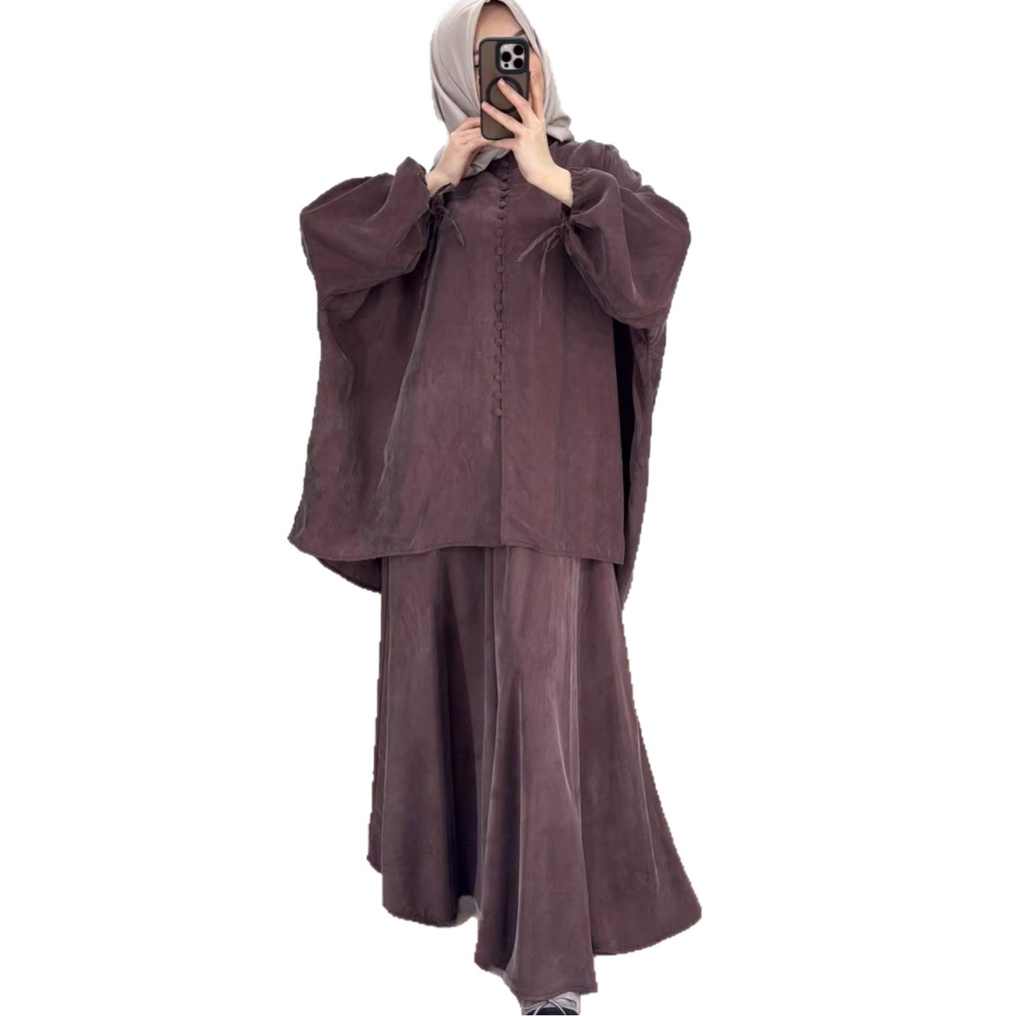 Ensemble 2 pièces jupe et chemise pour femme, style Eid musulman, avec jupe longue, haut à lacets, tenue marocaine Ramadan, ensemble Dubai à simple boutonnage