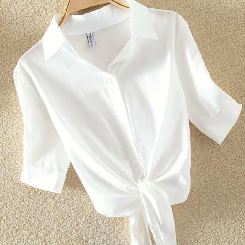 Été chemise blanche 2025 basique à manches courtes femmes Blouses solide boutonné petit haut noué taille élégante femmes tuniques hauts 19870