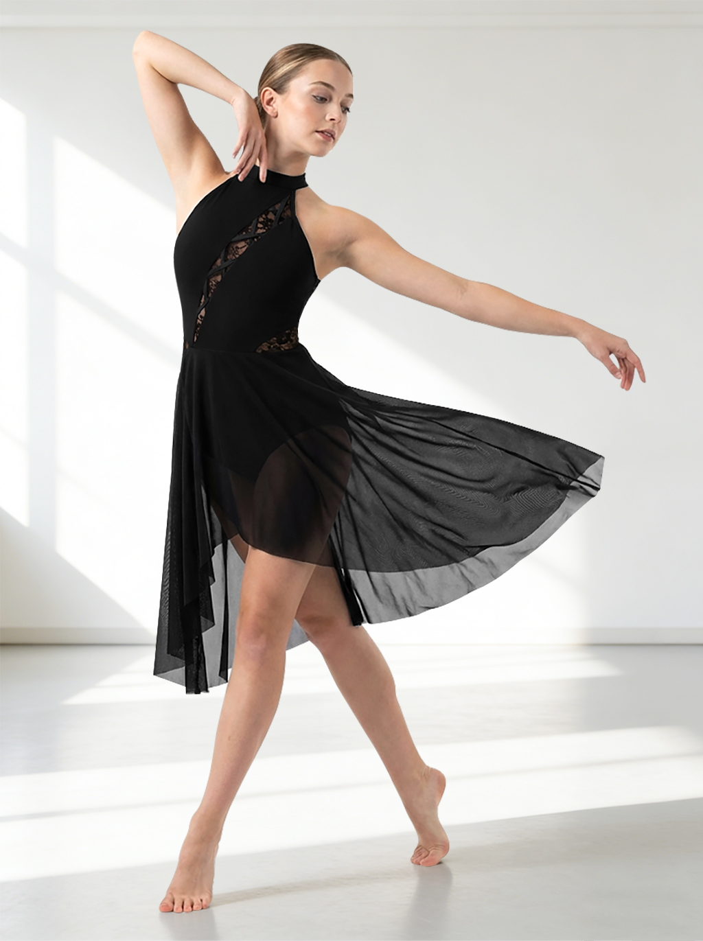 Costumes de danse lyrique pour femmes, robe lyrique avec empiècements en dentelle florale, jupe en mousseline fluide, justaucorps, costumes de danse contemporaine